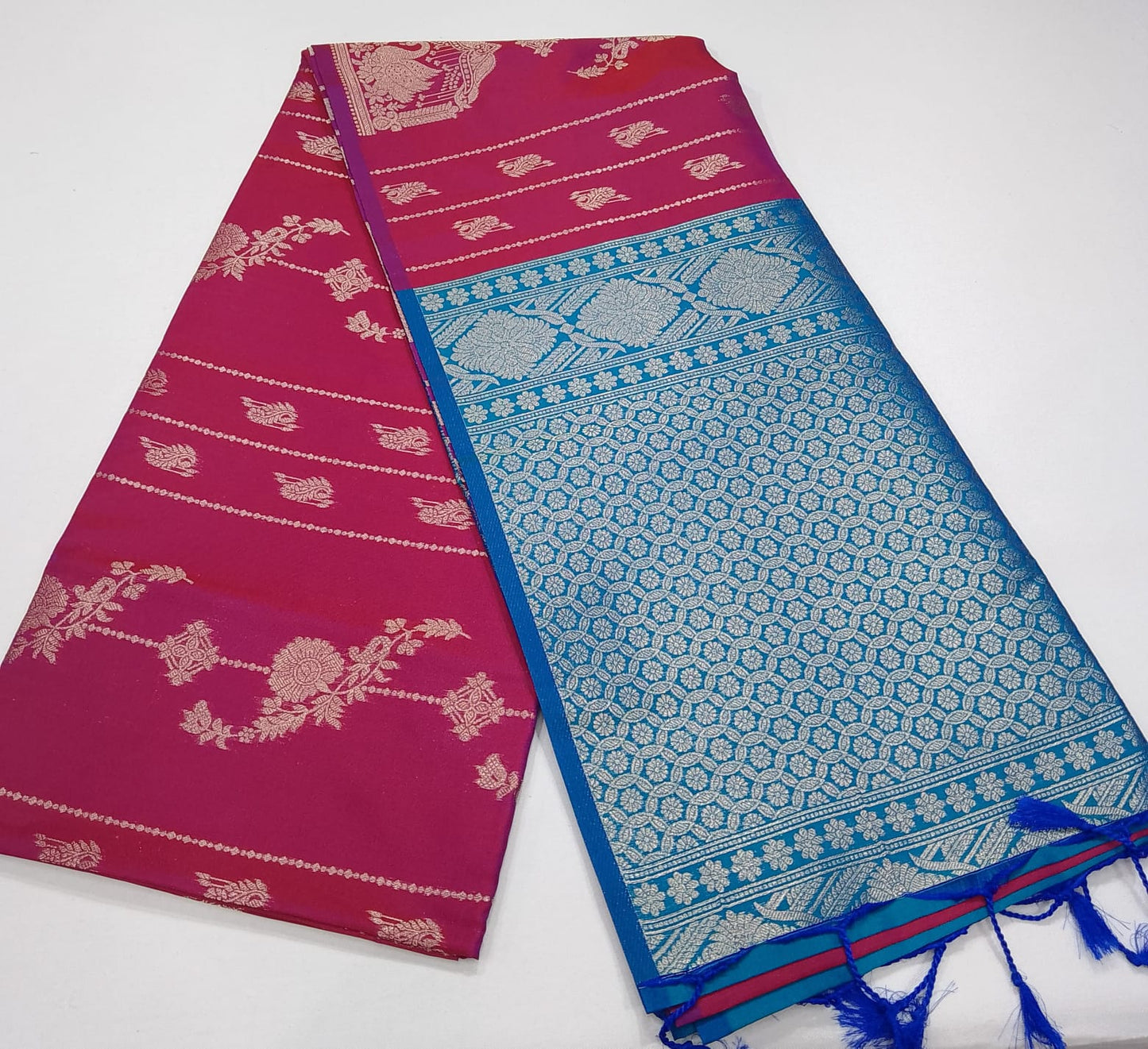 Semi Soft Silk Rani Pink & Aqua Blue Silver Zari Designer Saree
