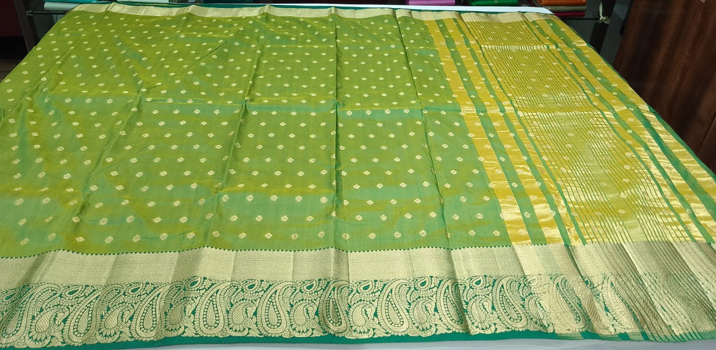 Dual Shade Parrot Green & Olive Green Tussar Semi Silk Saree with Rich Zari Border