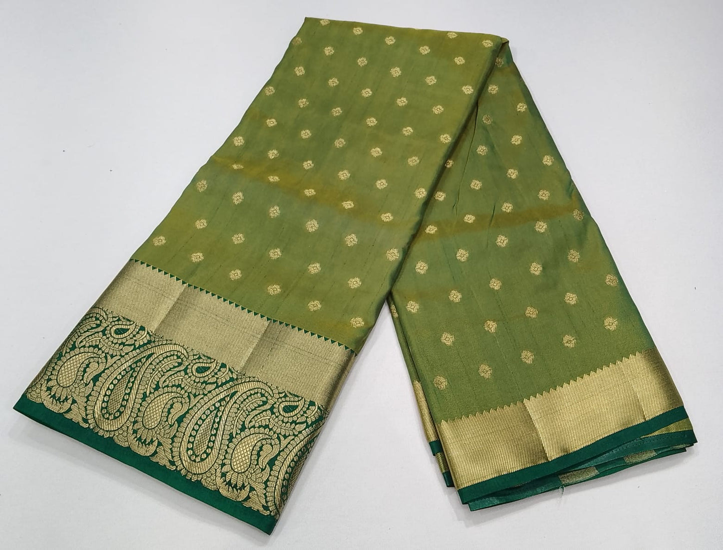 Dual Shade Parrot Green & Olive Green Tussar Semi Silk Saree with Rich Zari Border