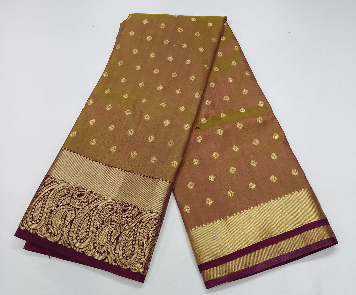 Golden Beige Tussar Semi Silk Saree with Antique Paisley Zari Border