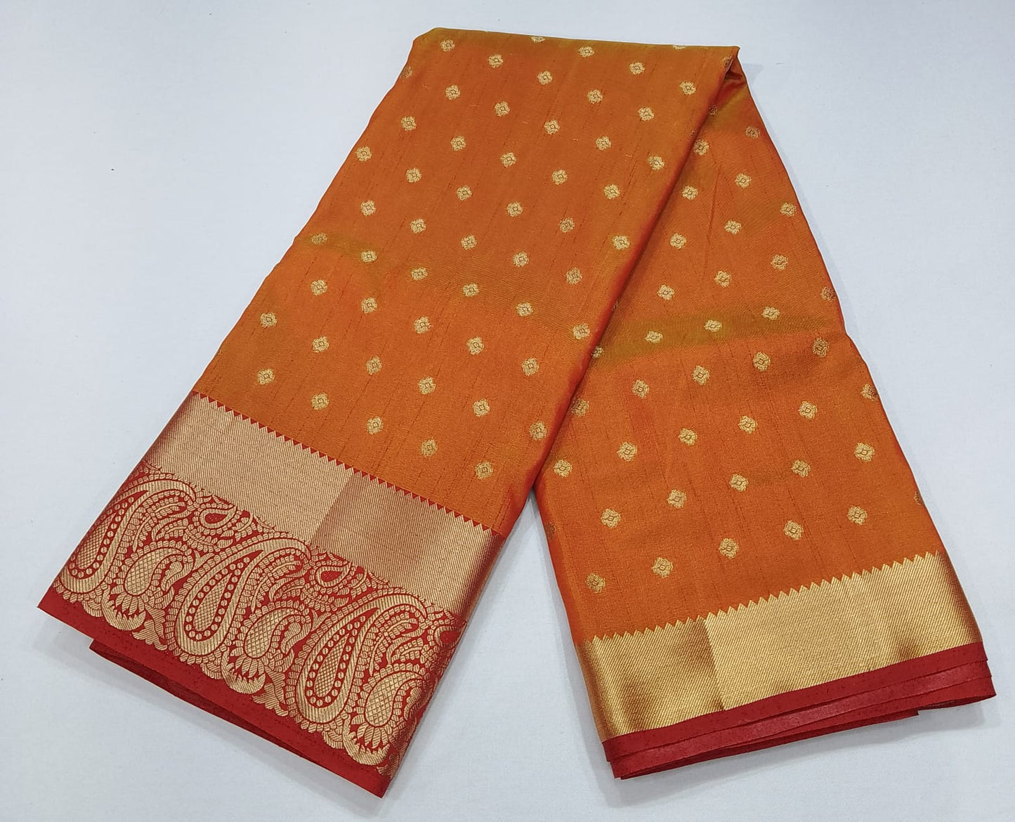 Dual Shade Peach Orange Tussar Semi Silk Saree with Rich Gold Zari Border