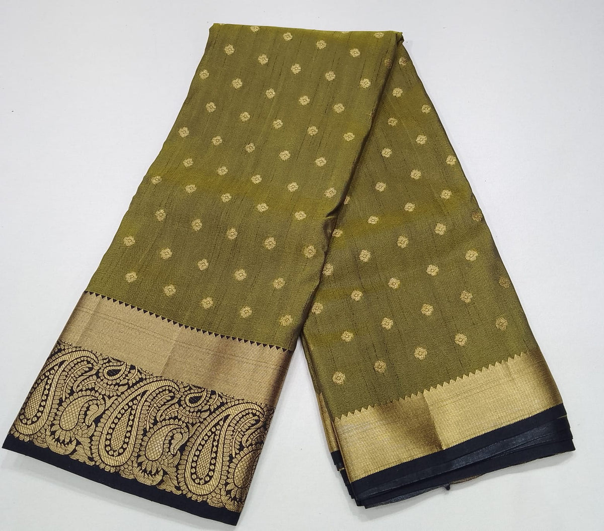 Olive Green Dual Shade Tussar Semi Silk Saree with Antique Gold Paisley Border