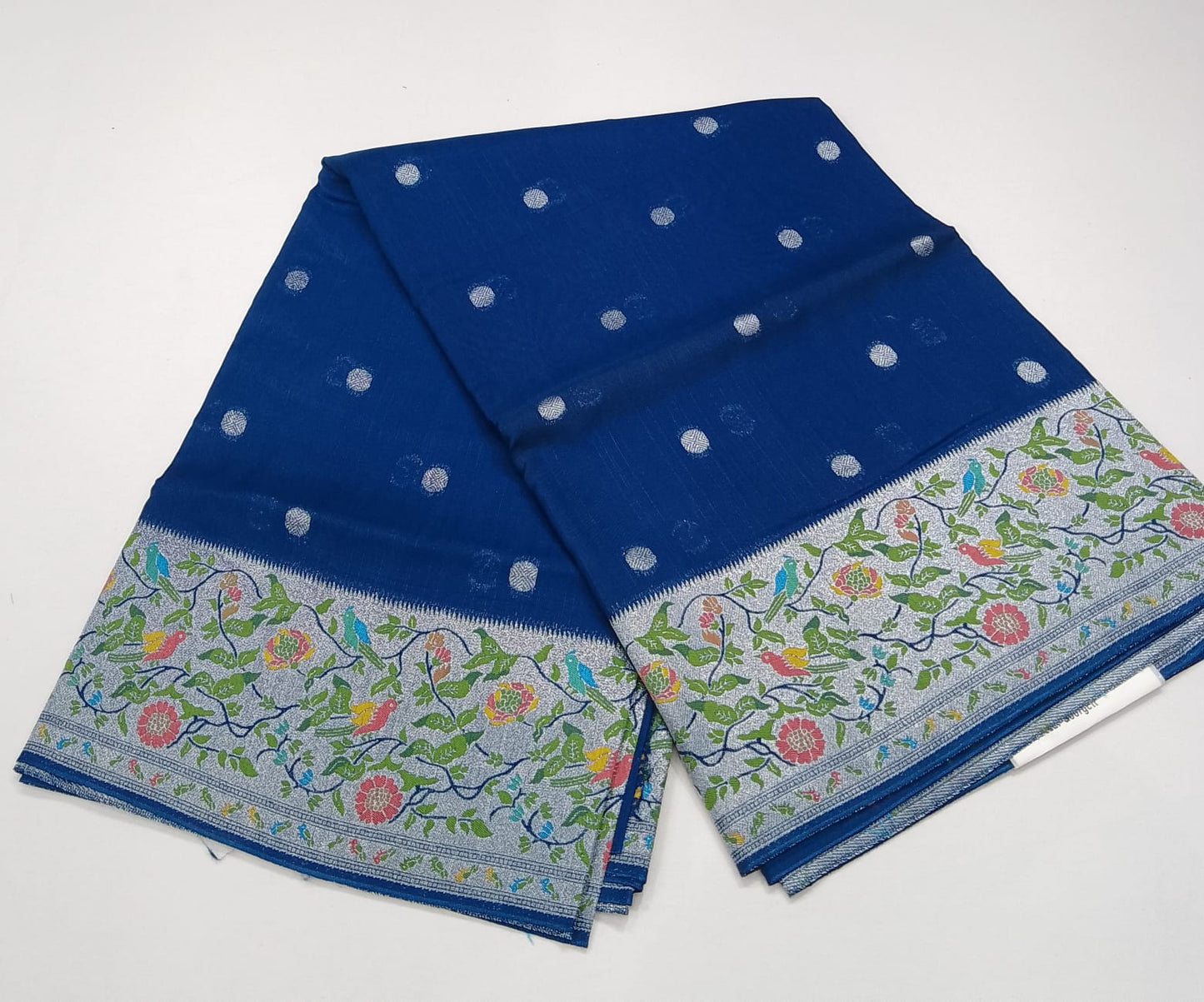 Royal Sapphire Blue Banarasi Tussar Georgette Saree with Silver Floral Bird Border