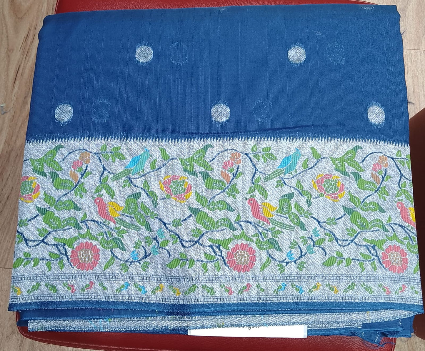 Royal Sapphire Blue Banarasi Tussar Georgette Saree with Silver Floral Bird Border