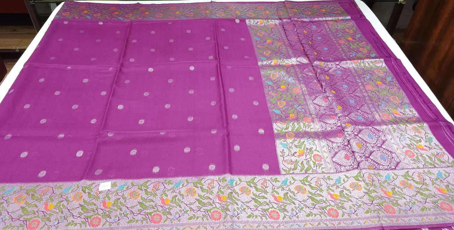 Magenta Bloom Banarasi Tussar Georgette Saree with Silver Floral Bird Border