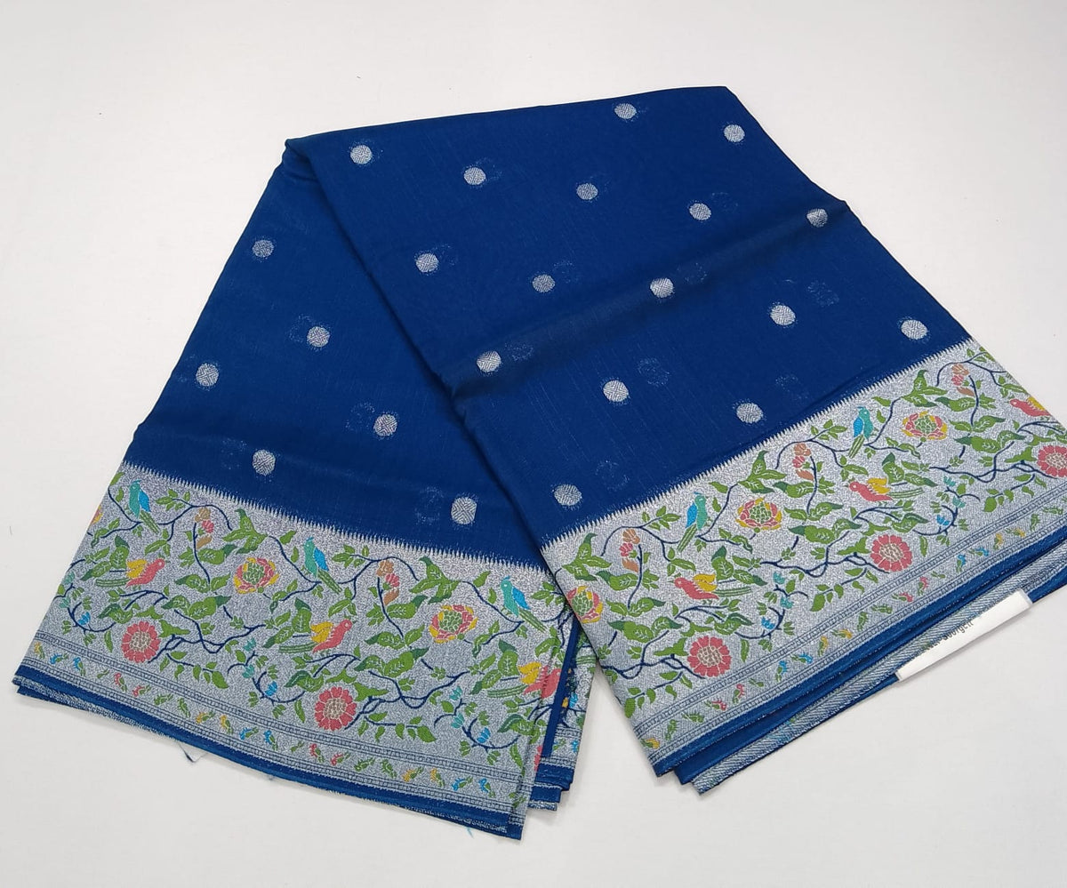 Royal Sapphire Blue Banarasi Tussar Georgette Saree with Silver Floral Bird Border