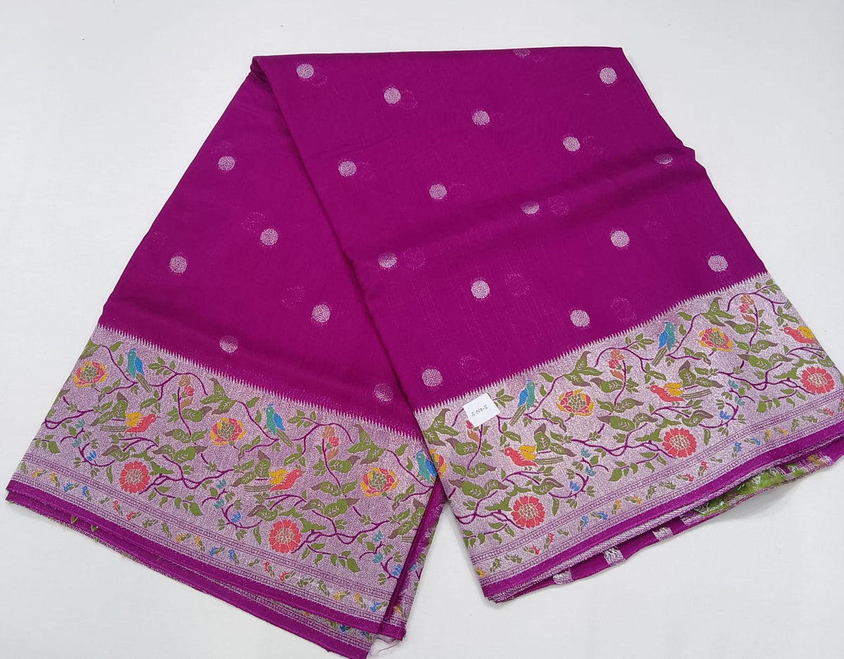 Magenta Bloom Banarasi Tussar Georgette Saree with Silver Floral Bird Border