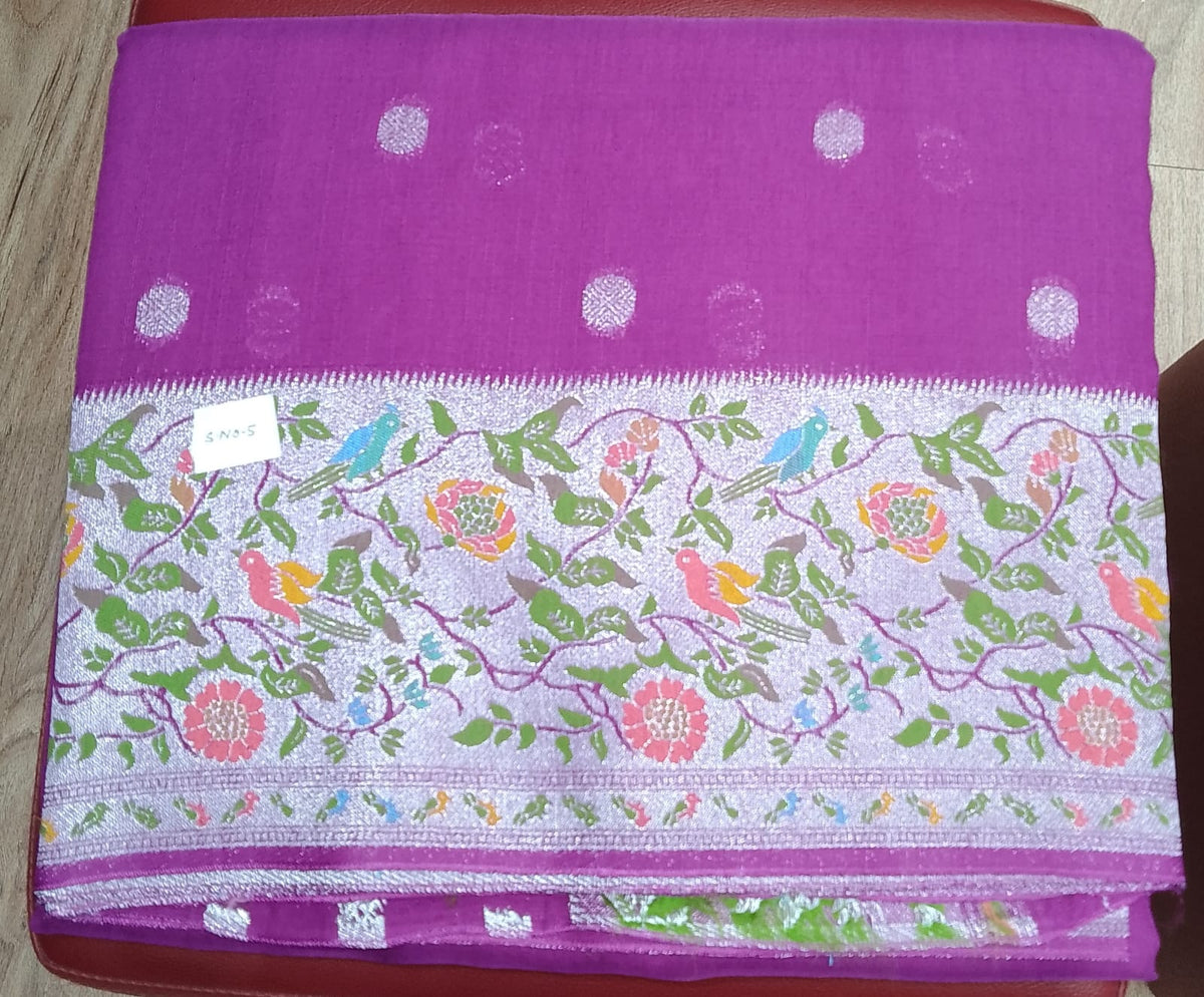 Magenta Bloom Banarasi Tussar Georgette Saree with Silver Floral Bird Border