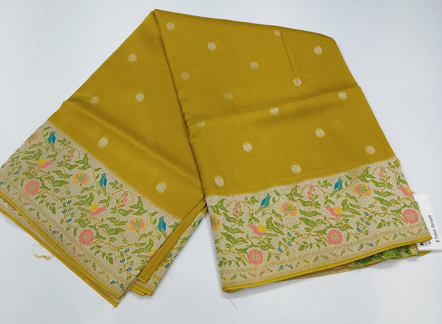 Mustard Gold Banarasi Tussar Georgette Saree with Silver Floral Bird Border