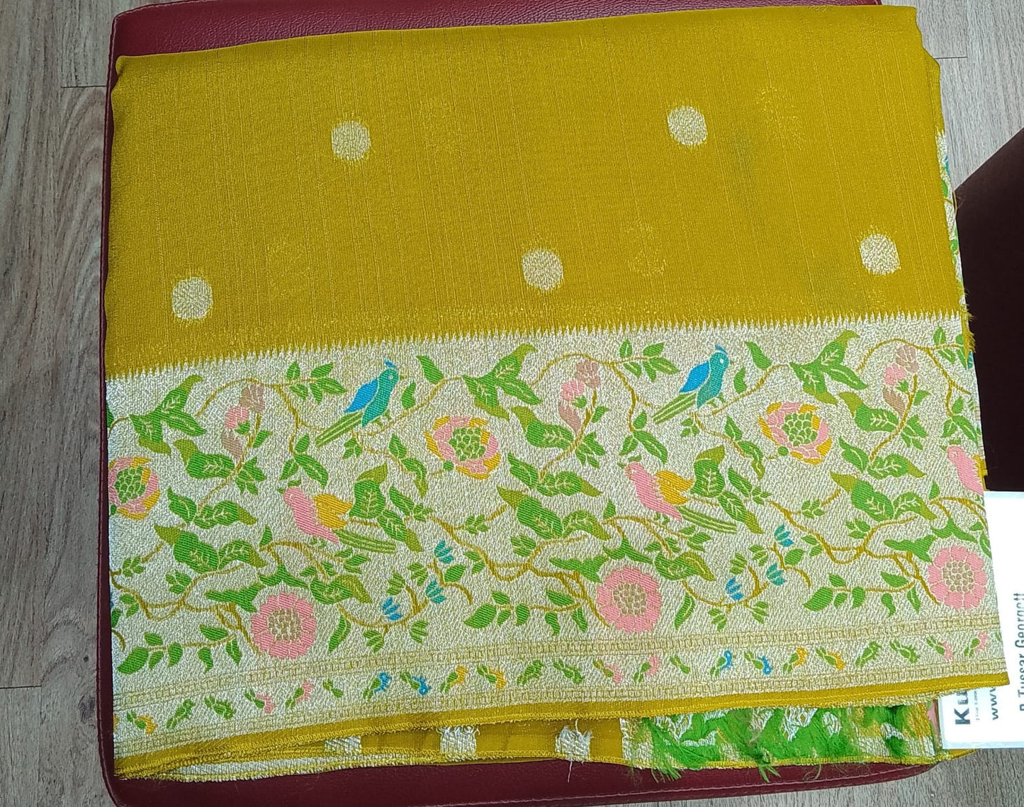 Mustard Gold Banarasi Tussar Georgette Saree with Silver Floral Bird Border