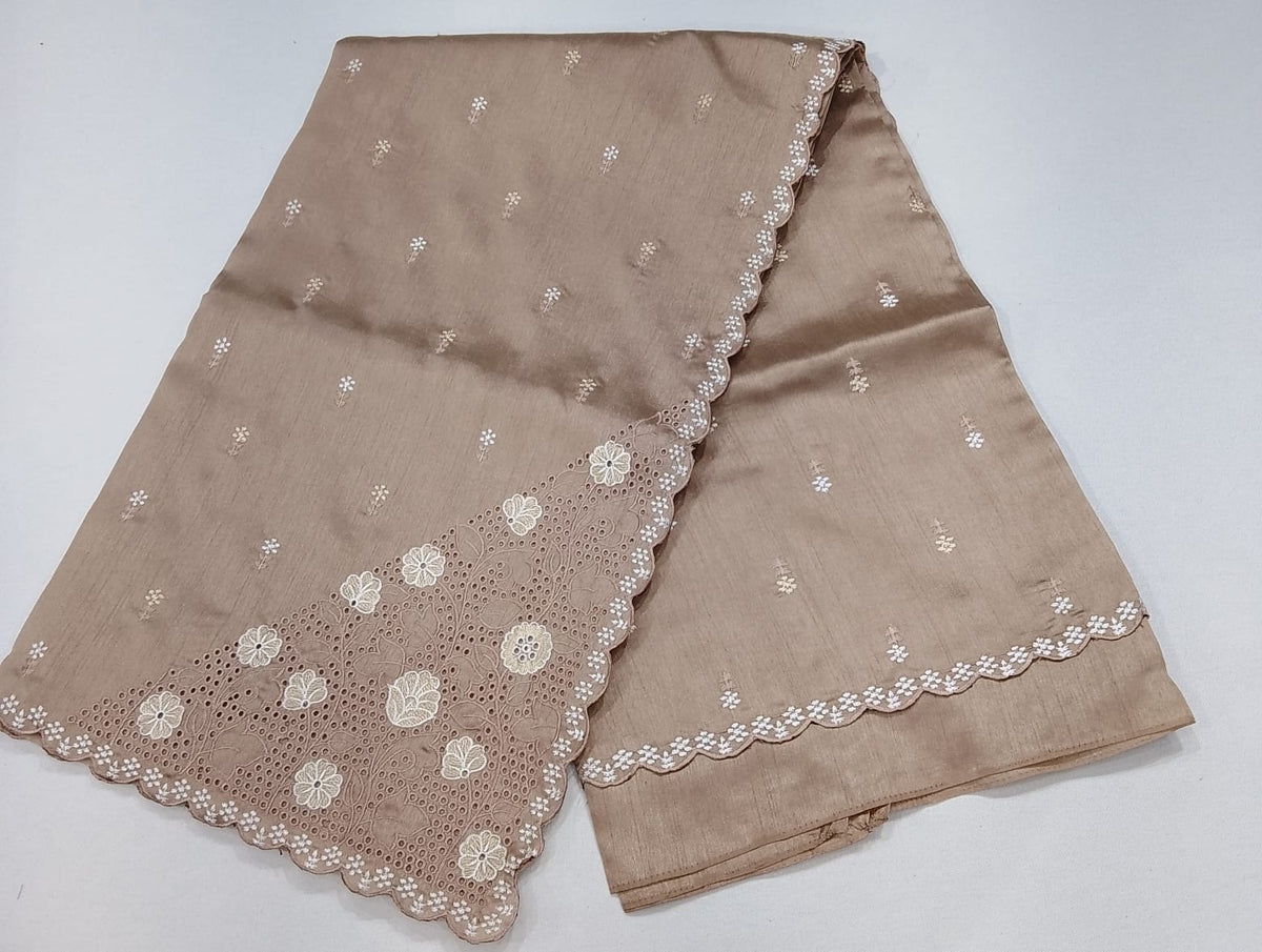 Champagne Beige Tussar Cutwork Semi Silk Saree with Elegant Floral Embroidery