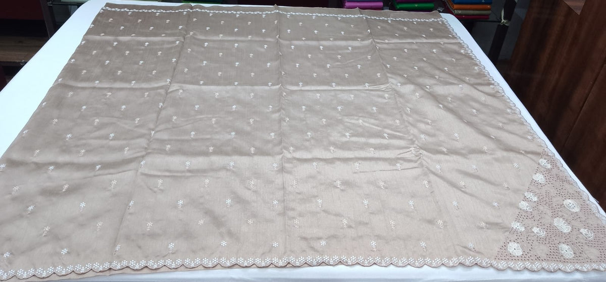 Champagne Beige Tussar Cutwork Semi Silk Saree with Elegant Floral Embroidery