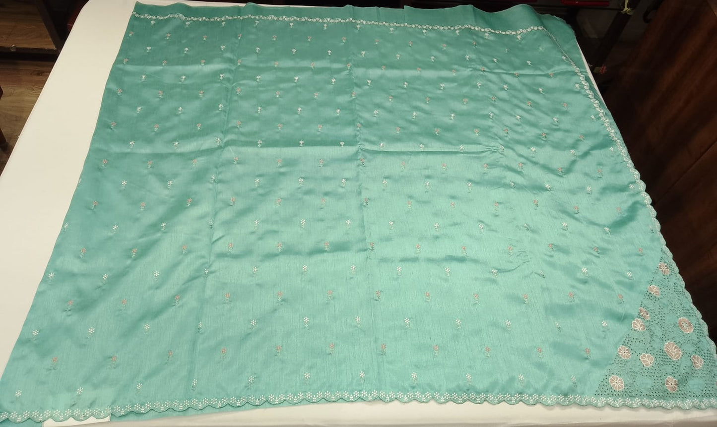 Sky Blue Tussar Cutwork Semi Silk Saree with Floral Embroidered Scallop Border