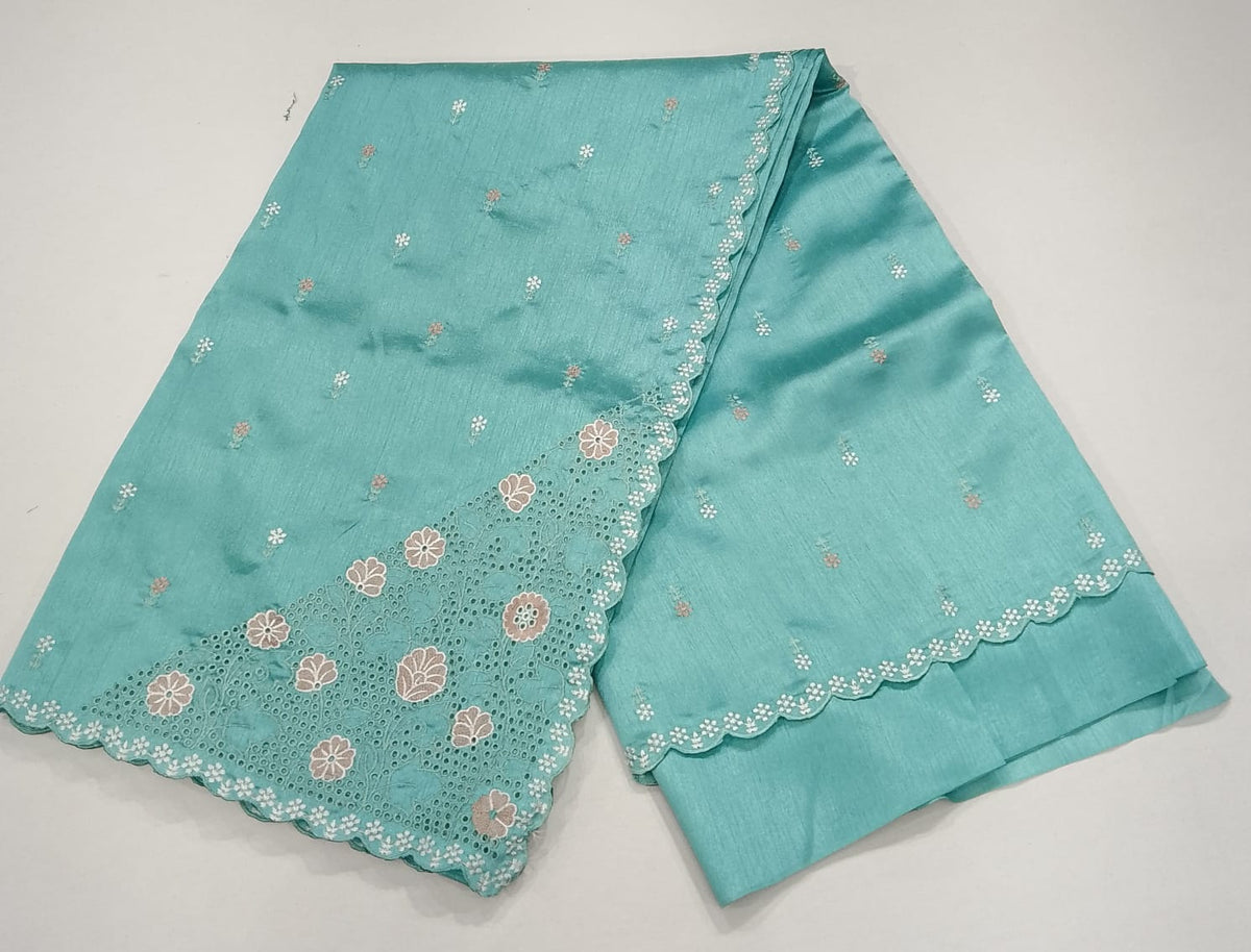 Sky Blue Tussar Cutwork Semi Silk Saree with Floral Embroidered Scallop Border