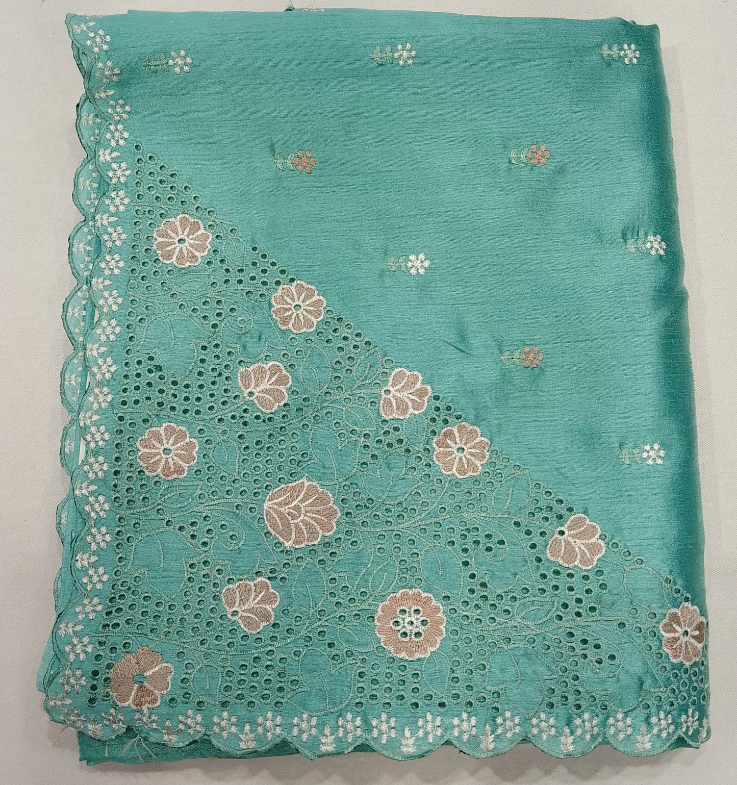 Sky Blue Tussar Cutwork Semi Silk Saree with Floral Embroidered Scallop Border