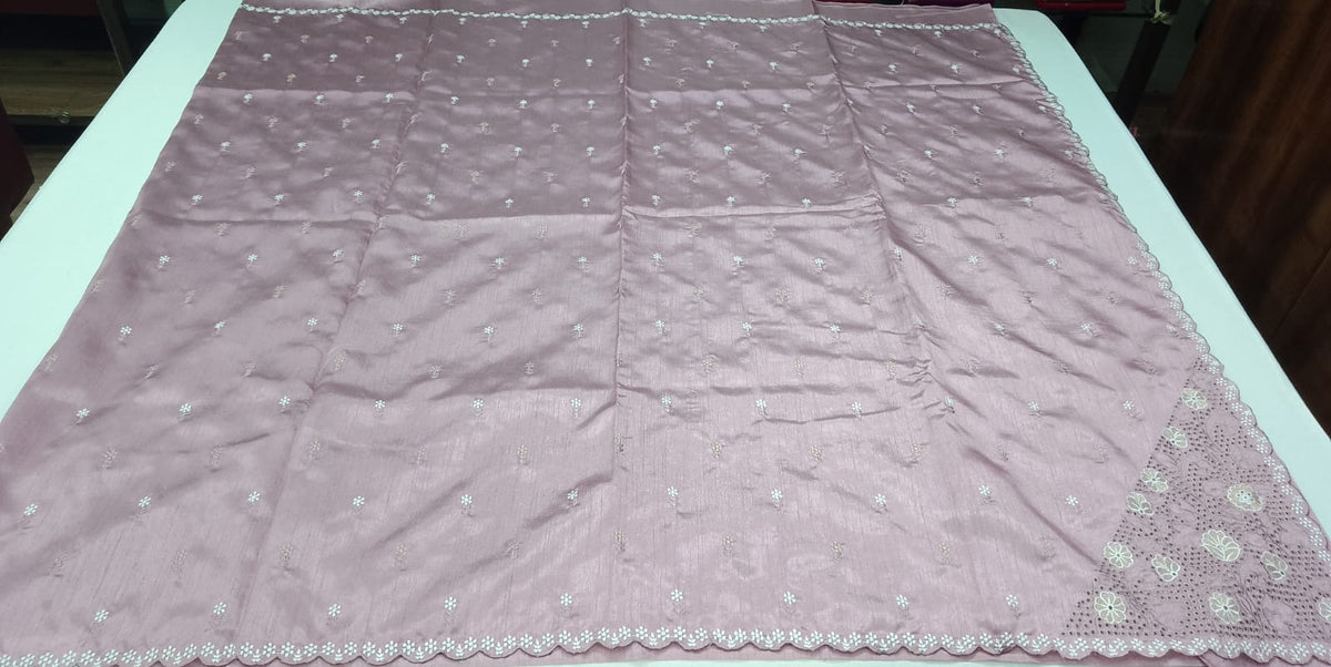 Dusty Rose Tussar Cutwork Semi Silk Saree with Floral Embroidered Scallop Border