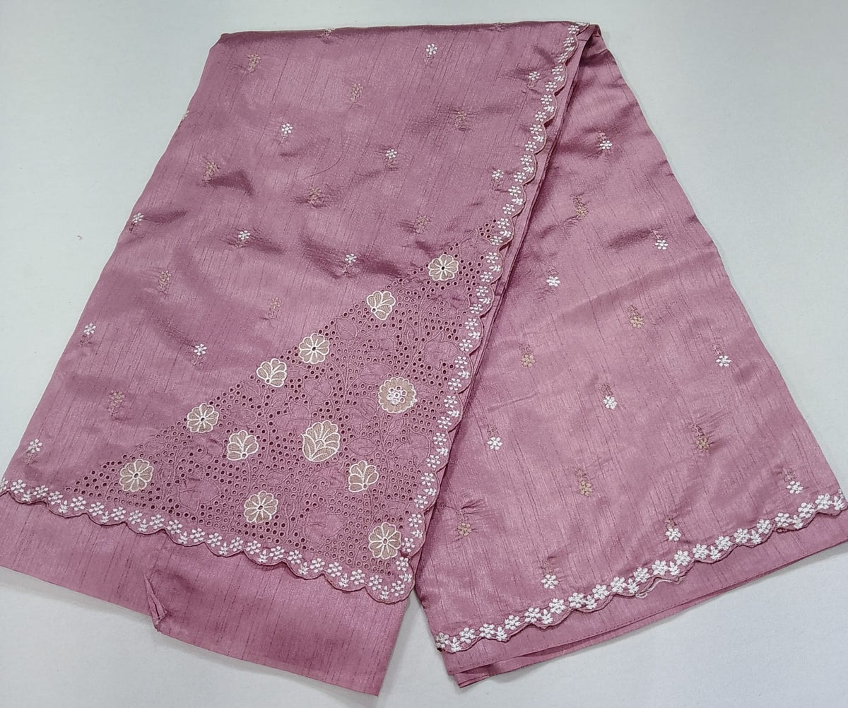 Dusty Rose Tussar Cutwork Semi Silk Saree with Floral Embroidered Scallop Border