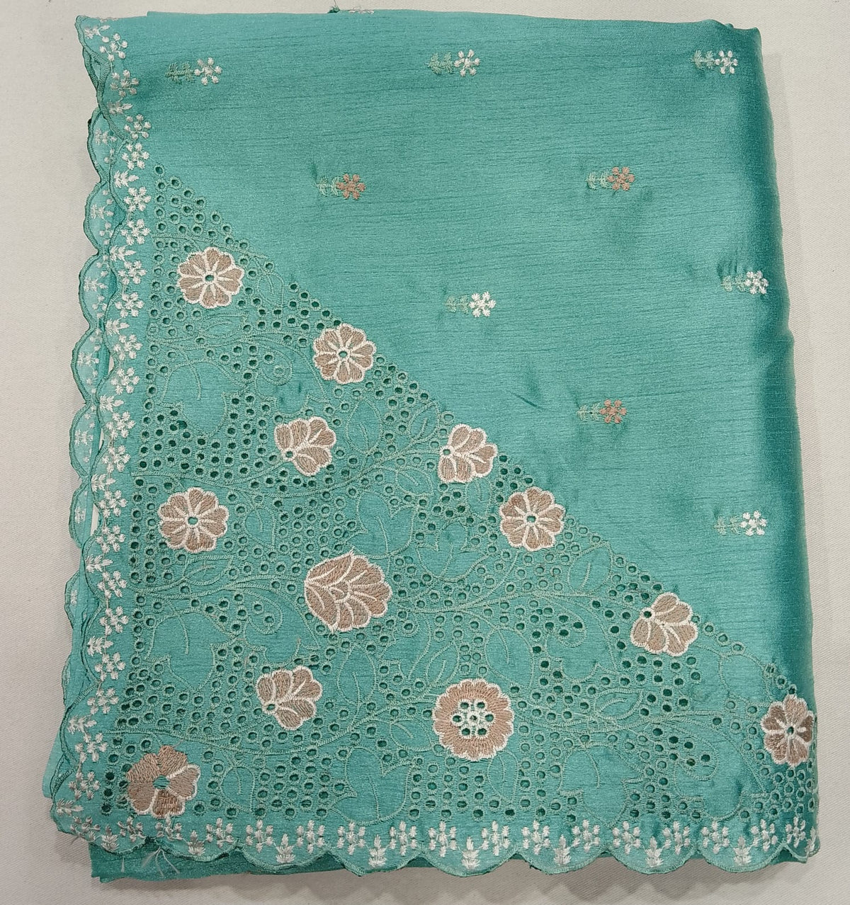 Sky Blue Tussar Cutwork Semi Silk Saree with Floral Embroidered Scallop Border