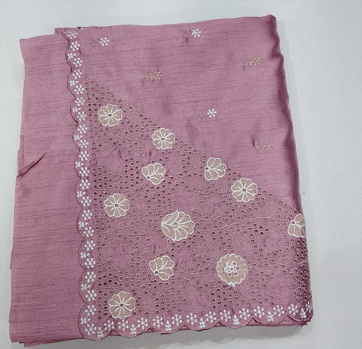 Dusty Rose Tussar Cutwork Semi Silk Saree with Floral Embroidered Scallop Border