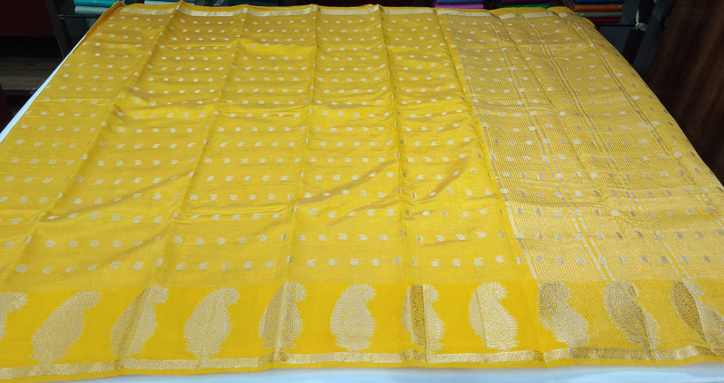 Sunshine Yellow Tussar Semi Silk Saree with Silver Paisley Weaving