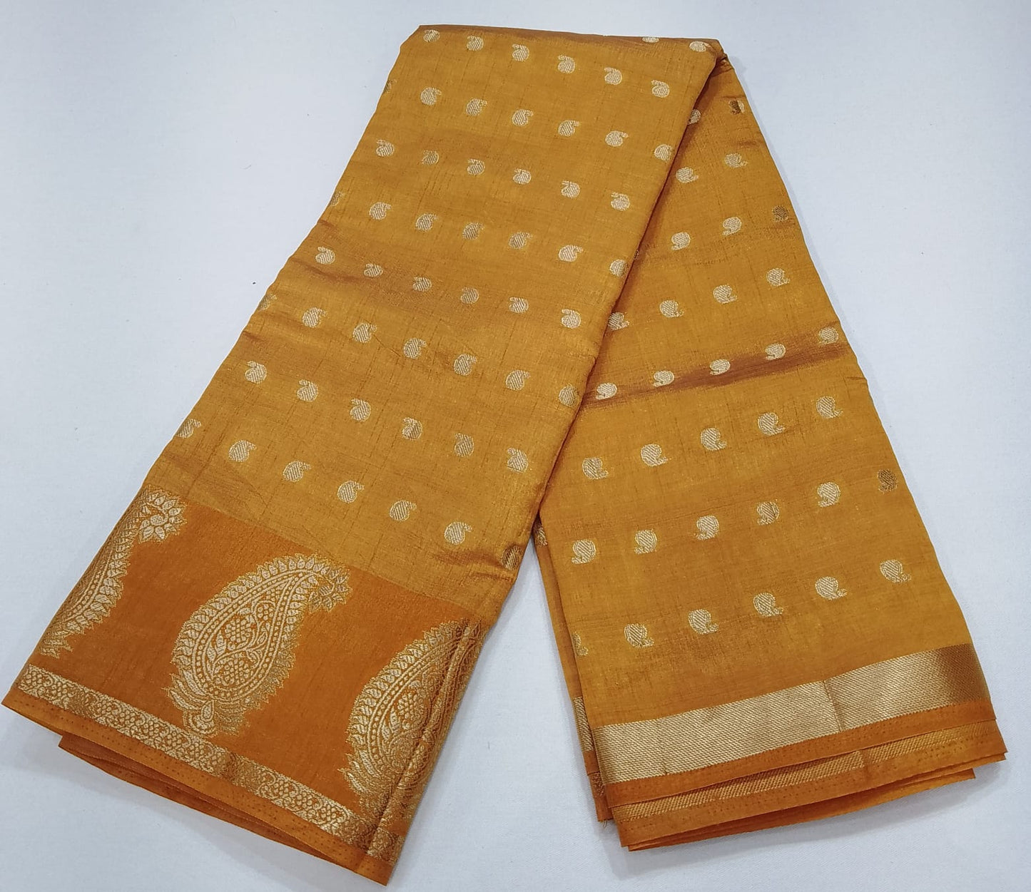 Mustard Gold Tussar Semi Silk Saree with Antique Gold Paisley Weaving