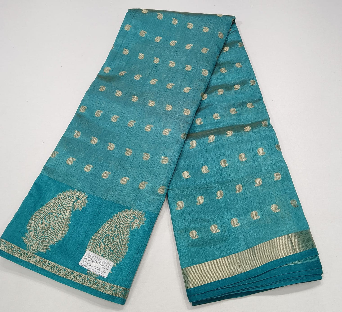 Aqua Blue Tussar Semi Silk Saree with Antique Gold Paisley Weaving