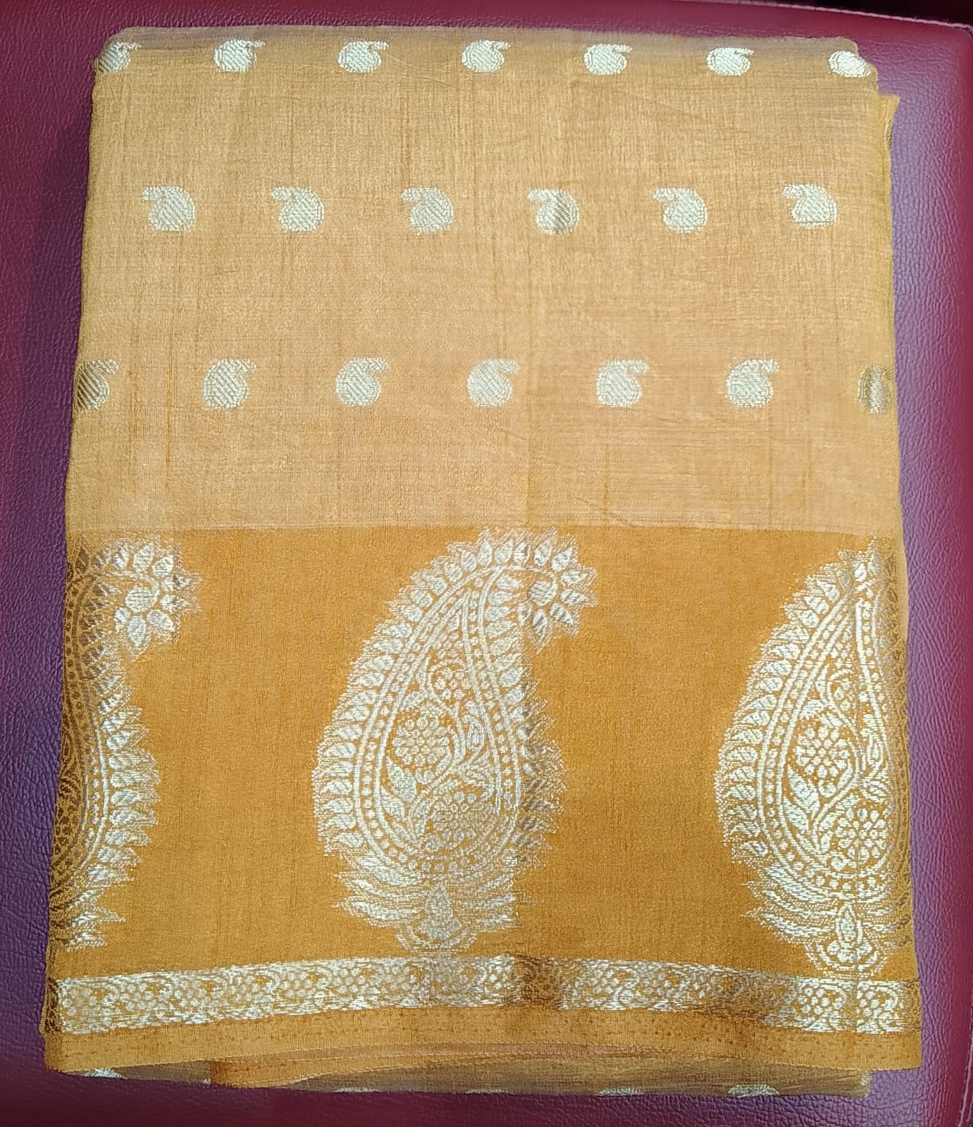 Mustard Gold Tussar Semi Silk Saree with Antique Gold Paisley Weaving