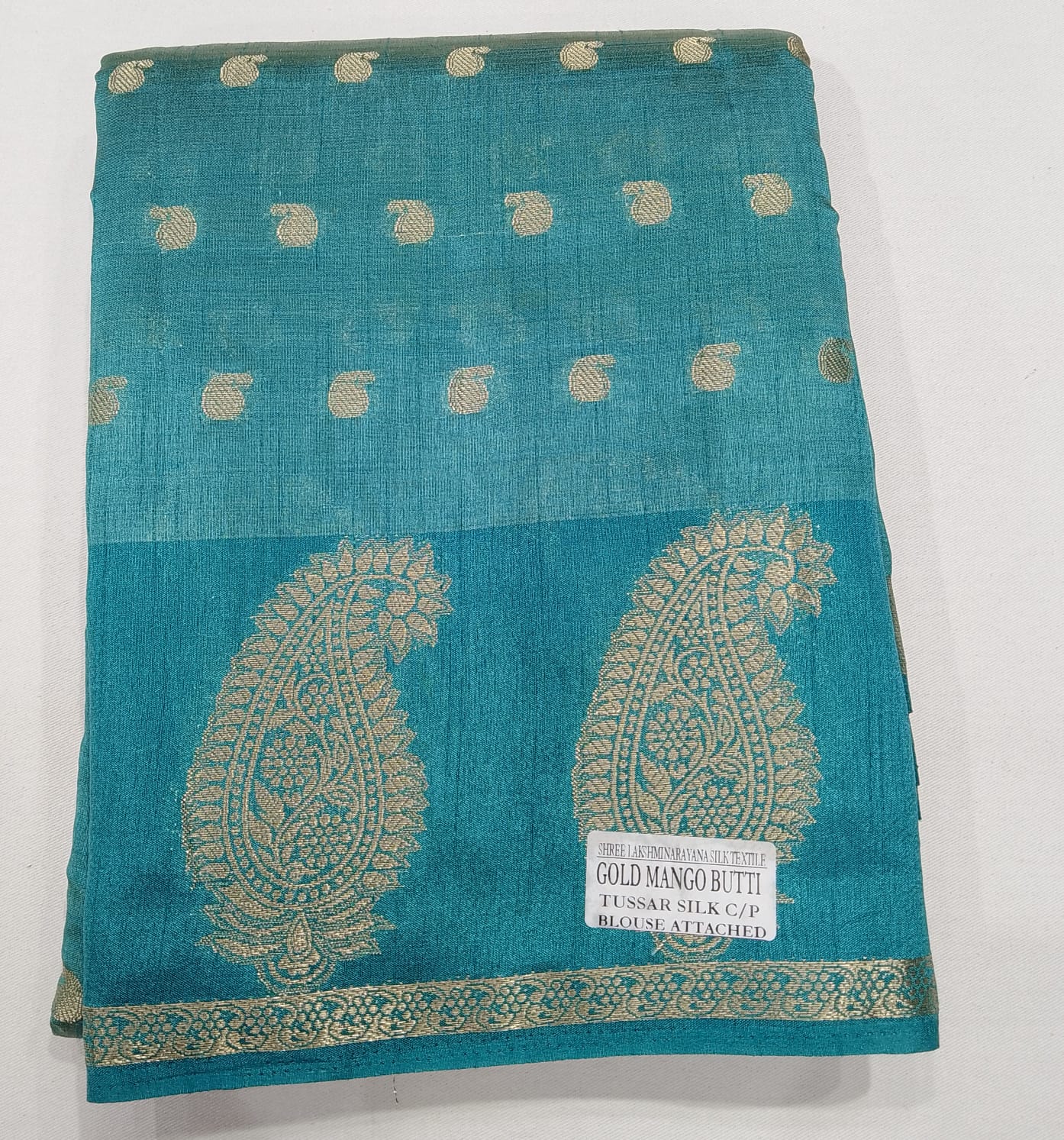 Aqua Blue Tussar Semi Silk Saree with Antique Gold Paisley Weaving