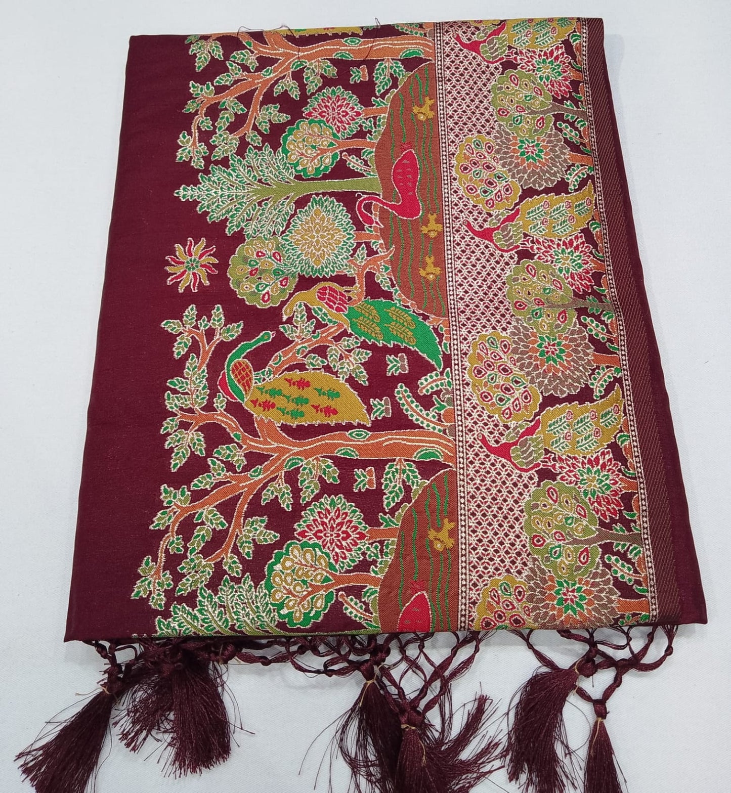 Peacock & Forest Heritage Saree – Deep Maroon with Antique Gold Woven Pallu
