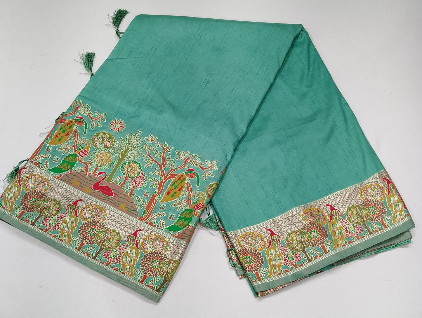 Peacock Heritage Saree – Aqua Mint Green with Antique Gold Woven Pallu