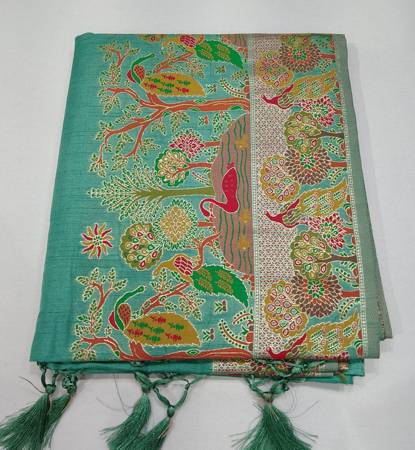 Peacock Heritage Saree – Aqua Mint Green with Antique Gold Woven Pallu