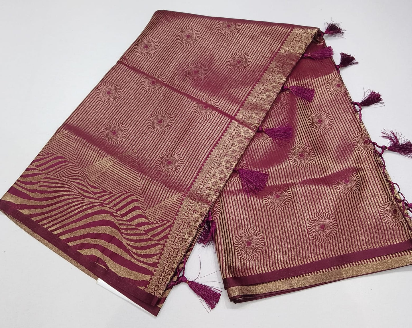 Designer Satin Silk Saree – Royal Wine Purple with Golden Zari Geometric Weaving