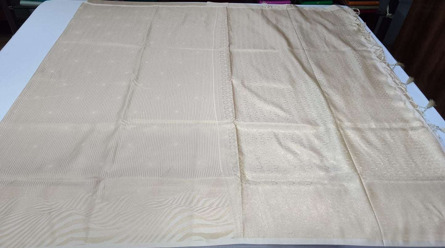 Designer Satin Silk Saree – Pearl Ivory with Self Gold Zari Weaving