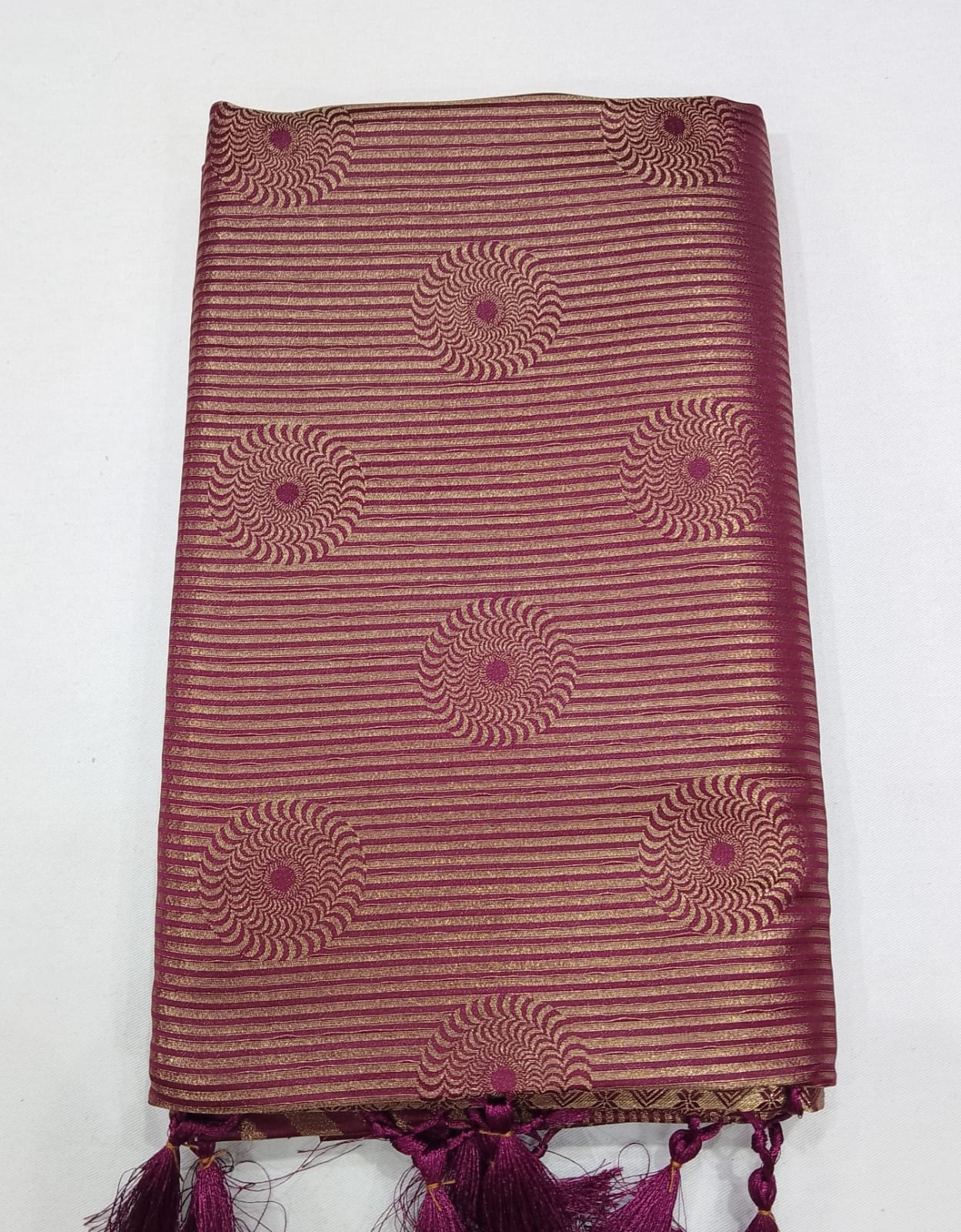 Designer Satin Silk Saree – Royal Wine Purple with Golden Zari Geometric Weaving