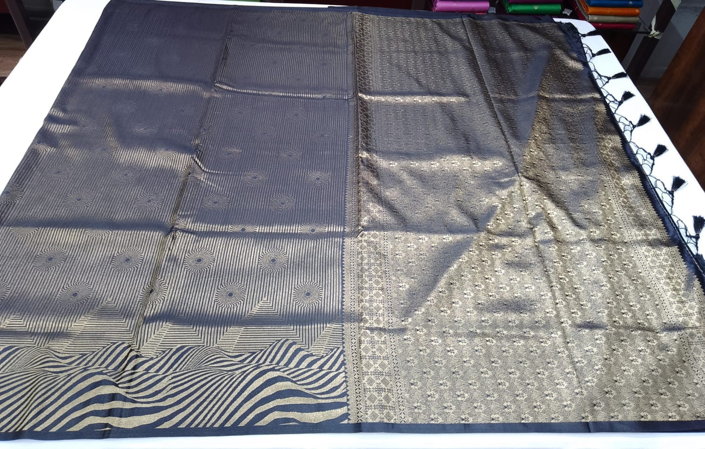 Designer Satin Silk Saree – Midnight Black with Antique Gold Zari Weaving