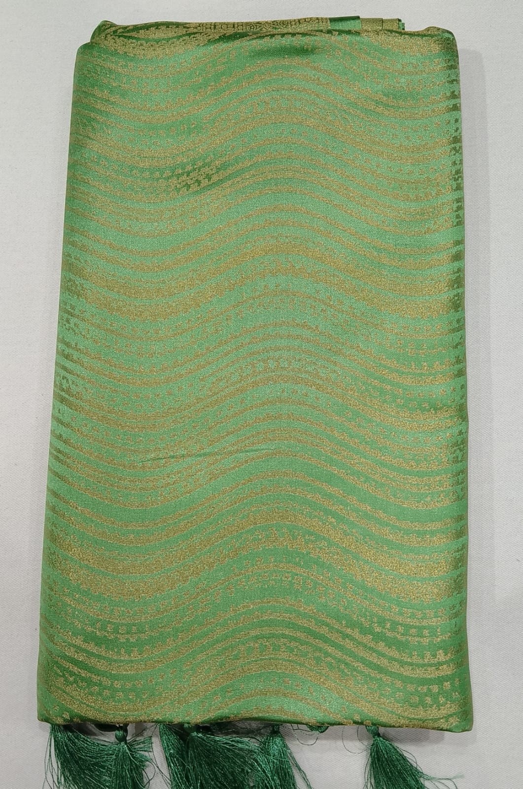 Designer Satin Silk Saree – Pista Green with Golden Wave Zari Weaving