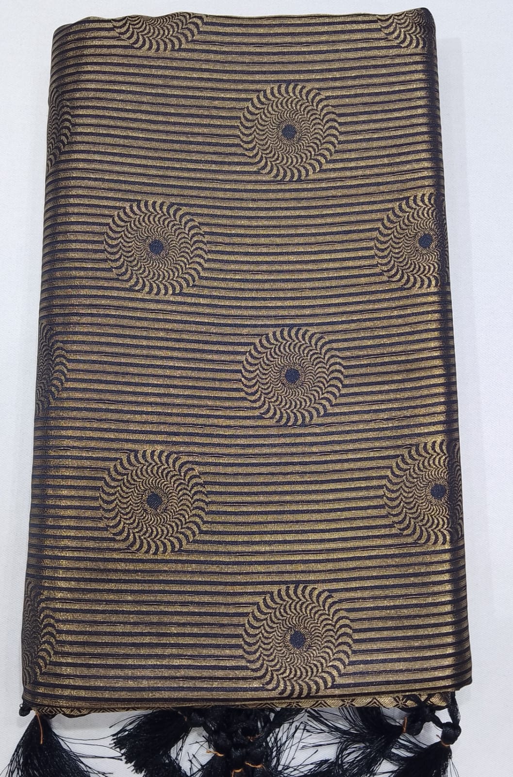 Designer Satin Silk Saree – Midnight Black with Antique Gold Zari Weaving