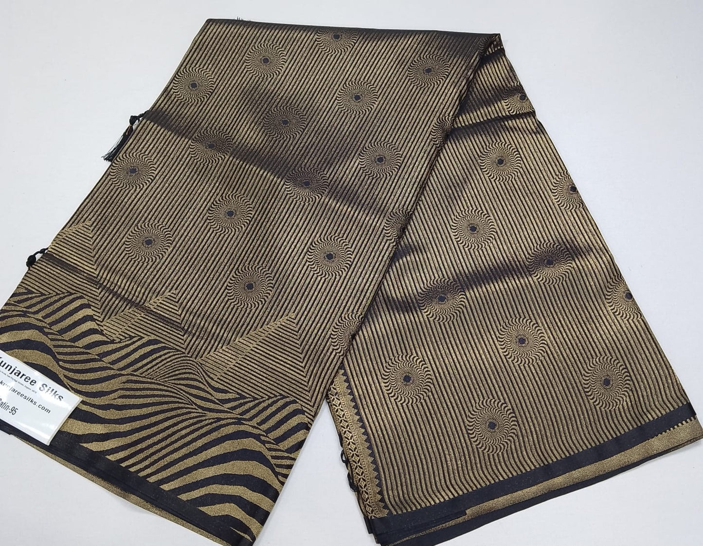 Designer Satin Silk Saree – Midnight Black with Antique Gold Zari Weaving