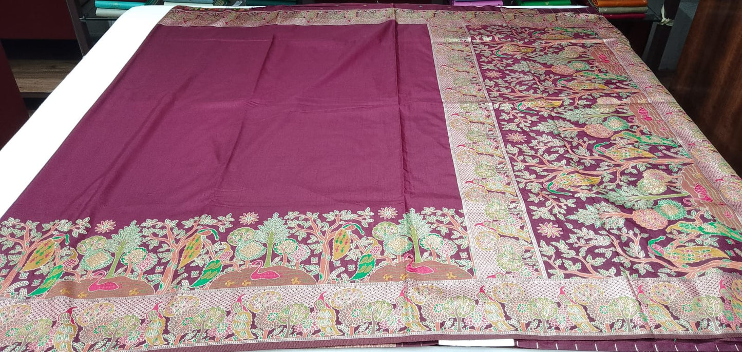 Peacock & Forest Heritage Saree – Deep Maroon with Antique Gold Woven Pallu