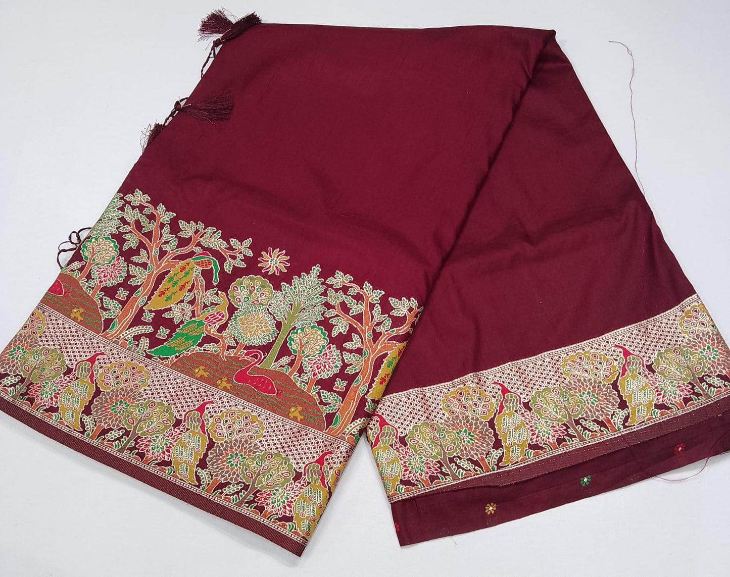 Peacock & Forest Heritage Saree – Deep Maroon with Antique Gold Woven Pallu