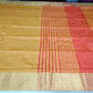 Premium Raw Silk Saree – Mustard Gold with Coral Red Striped Pallu
