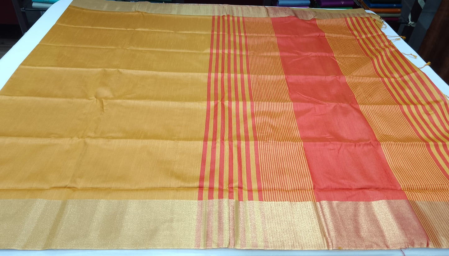 Premium Raw Silk Saree – Mustard Gold with Coral Red Striped Pallu