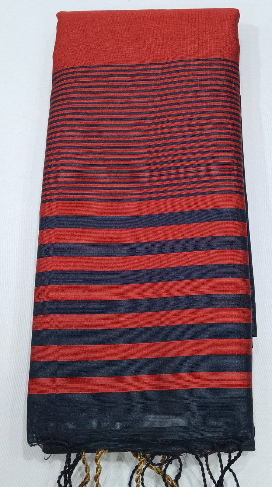 Premium Raw Silk Saree – Midnight Black with Vermilion Red Striped Pallu