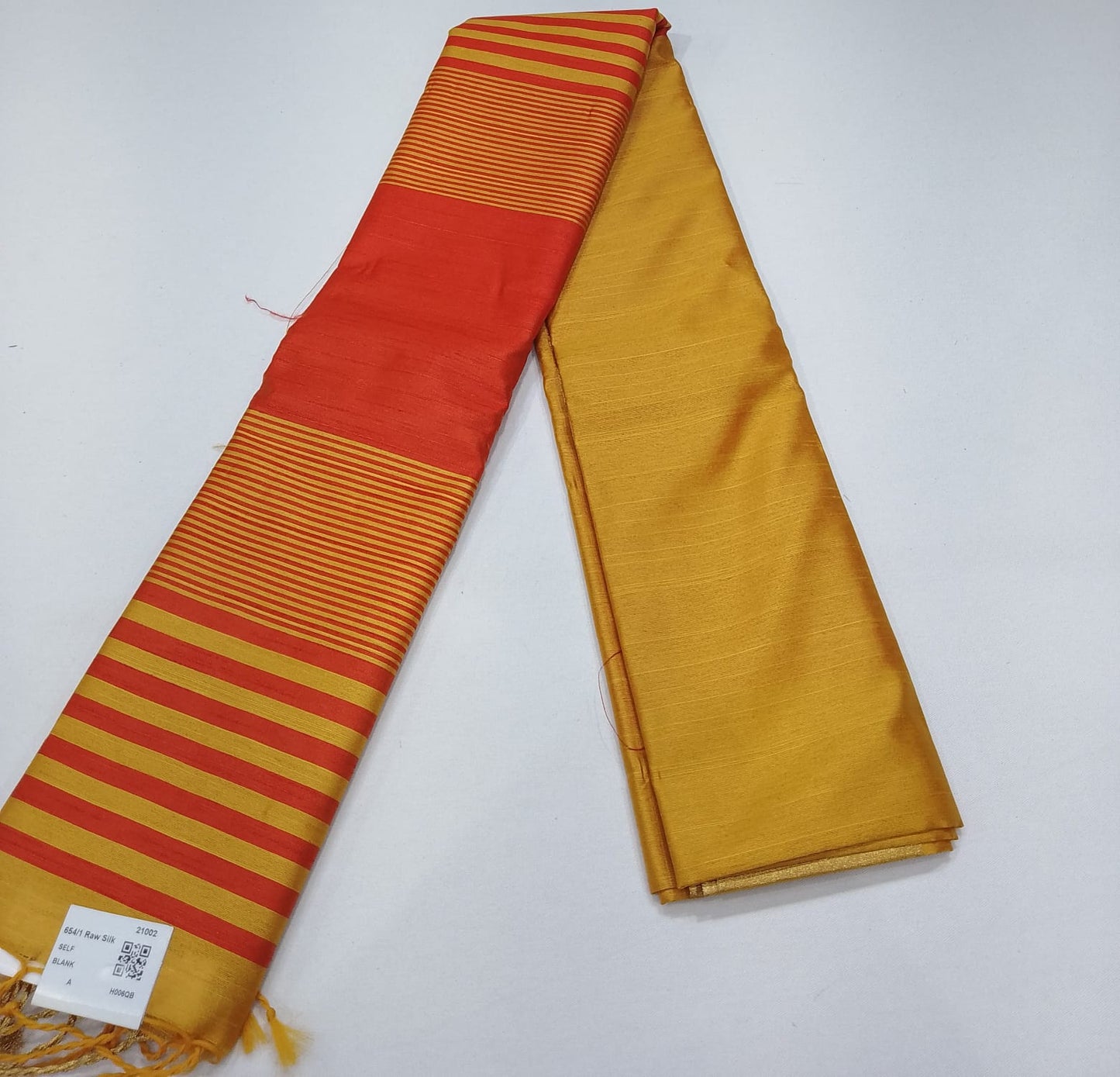 Premium Raw Silk Saree – Mustard Gold with Coral Red Striped Pallu