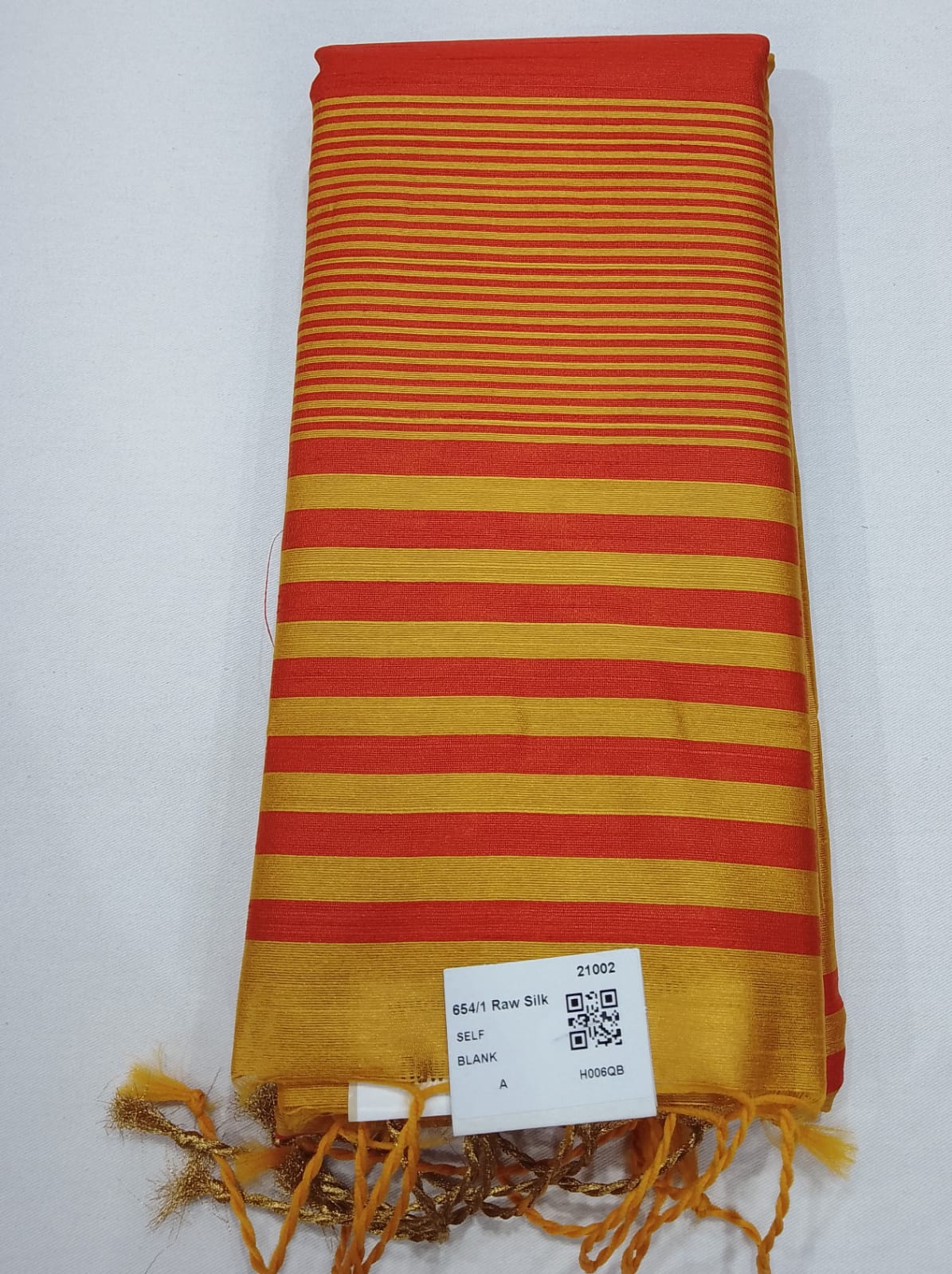 Premium Raw Silk Saree – Mustard Gold with Coral Red Striped Pallu