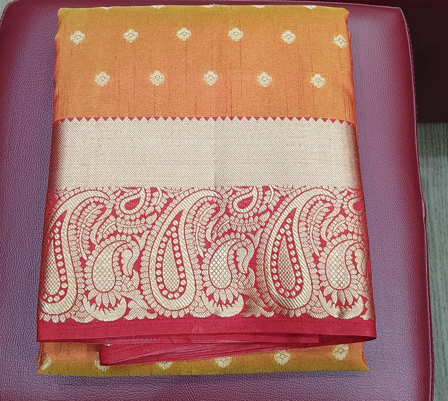 Dual Shade Peach Orange Tussar Semi Silk Saree with Rich Gold Zari Border