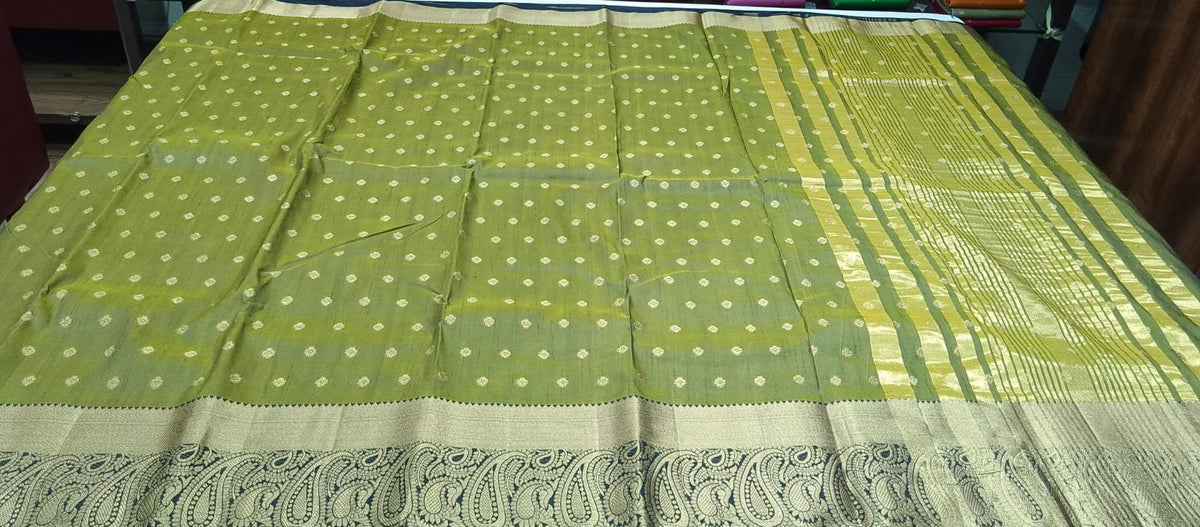 Olive Green Dual Shade Tussar Semi Silk Saree with Antique Gold Paisley Border