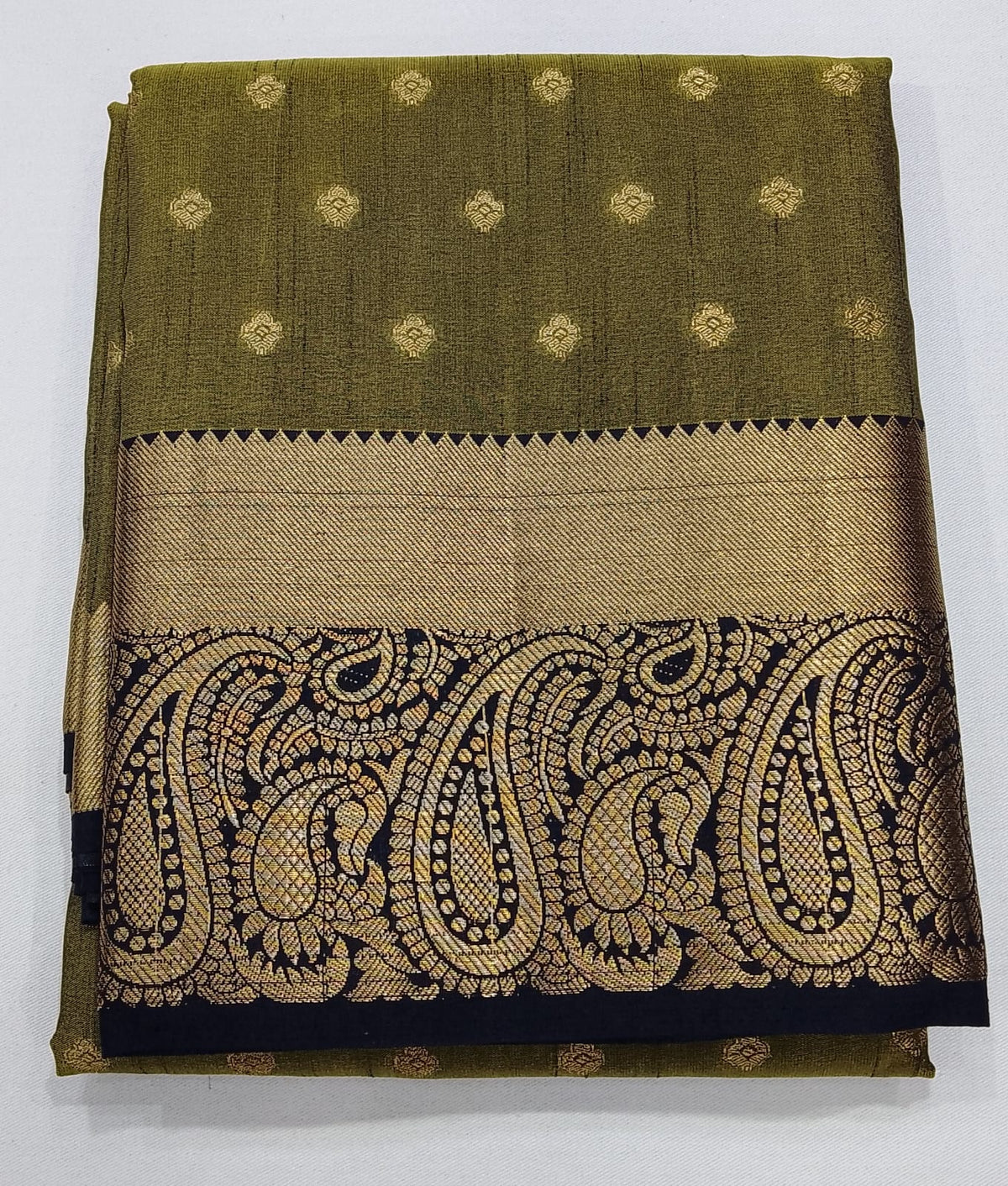 Olive Green Dual Shade Tussar Semi Silk Saree with Antique Gold Paisley Border