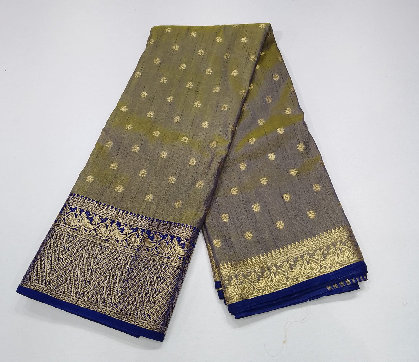 Olive Grey Dual Shade Tussar Semi Silk Saree with Royal Blue Zari Border