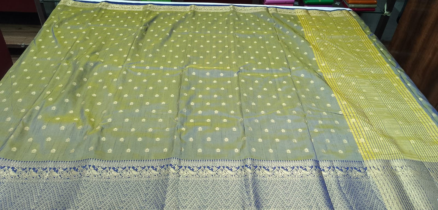 Olive Grey Dual Shade Tussar Semi Silk Saree with Royal Blue Zari Border